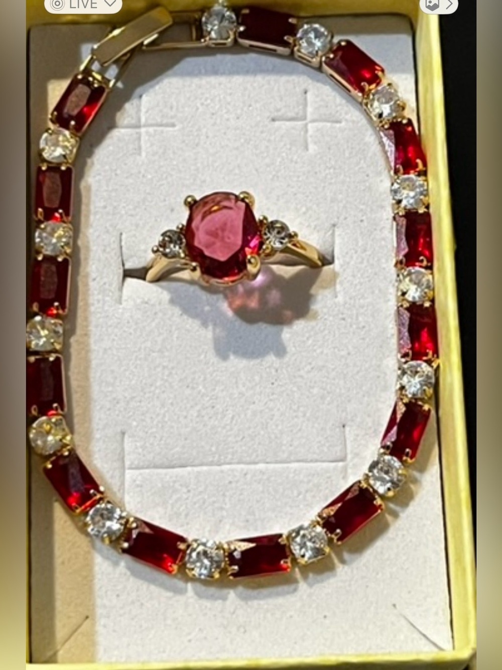 14 k gold plated red & white synthetic cz ring and bracelet